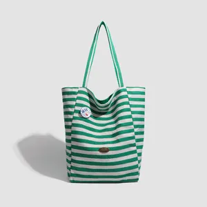 Green and white striped canvas tote bag, large capacity casual shoulder bag for women daily.