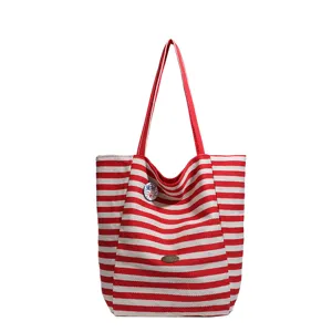 Red and white striped canvas tote bag, large capacity casual shoulder bag for women main view.
