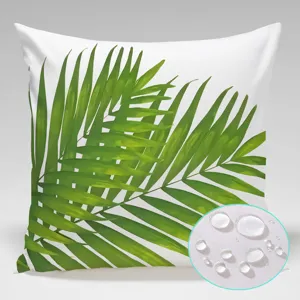 Outdoor waterproof throw pillow cover with green tropical palm leaf print for home decor.