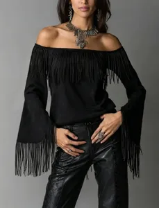 Black off-the-shoulder fringe top with long bell sleeves and western boho style for women.