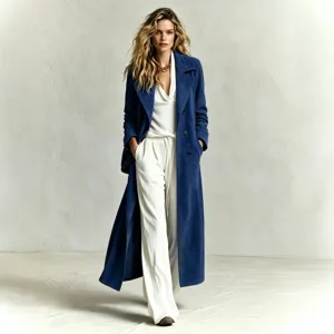 Stylish women's long suede trench coat with large lapel and straight fit for autumn.