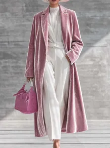 Pink velvet long coat for women, elegant lapel design, stylish over-knee winter outerwear.