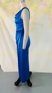 Detail view of the elegant blue satin sleeveless maxi dress featuring a chic cowl neck.