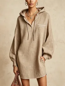 Vue détaillée de la robe sweat à capuche en lin décontractée à manches longues.