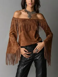 Western vintage fringe off-shoulder top for women faux suede bell long sleeve shirt detail view.
