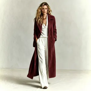 Elegant long suede coat for women featuring a classic lapel and stylish straight fit.