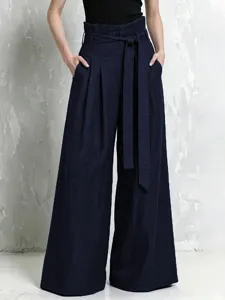 Stylish high-waisted cotton linen wide leg trousers for women with paperbag waist and belt.