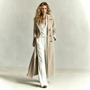 New women's long suede trench coat, elegant lapel design, casual commute style outerwear.