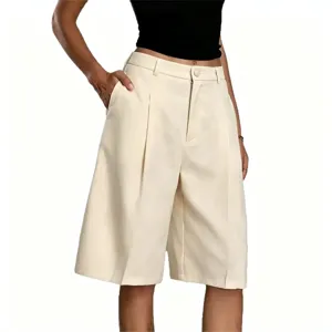 Women solid color casual suit bermuda shorts high waist pleated loose summer chic pants