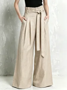 High-waisted linen wide-leg pants for women featuring paperbag waist, pleats, and chic tie belt.