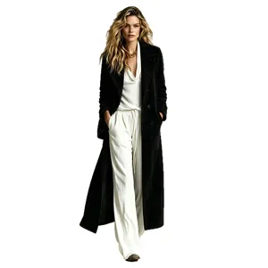 Women's long black suede coat chic double-breasted outerwear with white blouse and wide pants