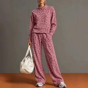 Retro-Leopardenmuster Stehkragen Jacke und weite Hose Set Damen Herbst Mode Outfit.