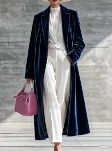 Velvet long coat for women, elegant winter outerwear, autumn fashion apparel detail view.