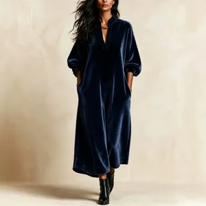 Velvet V-neck long sleeve loose maxi dress for women elegant casual wear main image view