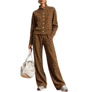 Retro Leopardenmuster Stehkragen einreihige Jacke und weite Hosen Set für Damen