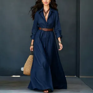 Women's Casual Cotton Blend Long Sleeve Turn-Down Collar Solid Color A-Line Maxi Shirt Dress With Belt