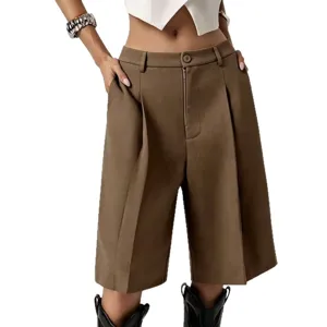 Stylish women high waist casual suit shorts summer loose wide leg bermuda trousers