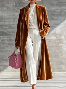 Women winter velvet long trench coat elegant lapel overcoat stylish outerwear apparel