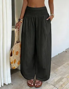 Casual loose wide leg trousers for women, high waist pleated vacation pants, dark green style.