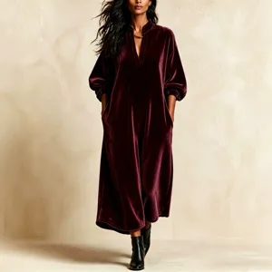 Elegant women's velvet long dress V-neck lantern sleeve loose casual maxi party dress