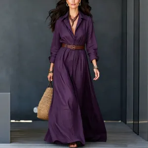 Elegant purple long sleeve cotton linen maxi shirt dress with belt for women resort wear
