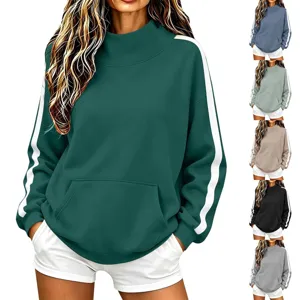 Women's Casual High Neck Ribbed Sweatshirt Long Sleeve Loose Pullover Top With Side Stripes