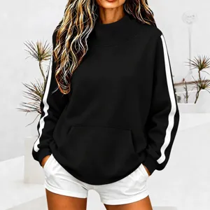 Women's black mock neck sweatshirt with white side stripes, casual long sleeve pullover top.