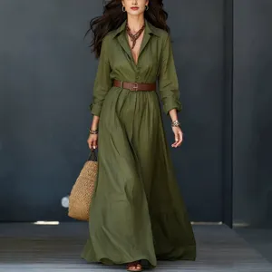 Olive green linen long sleeve shirt dress for women, elegant casual maxi dress with belt.