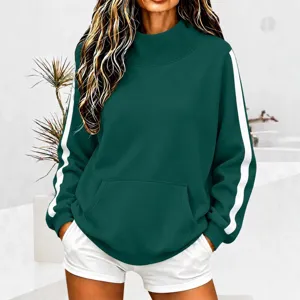Women's dark green mock neck sweatshirt with white side stripes and front pocket for autumn