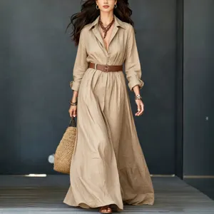 Casual cotton linen shirt dress for women, long sleeve maxi dress with belt for autumn.