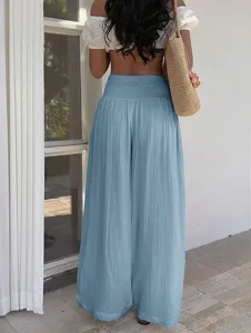 Women's Light Blue High Waist Smocked Casual Wide Leg Pants Resort Summer Trousers