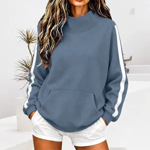 Women mock neck long sleeve side stripe sweatshirt casual loose pullover top sportswear.