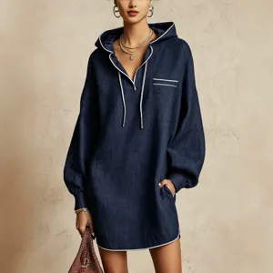 Femme robe courte capuche cordon manches longues decontractee vacances respirante