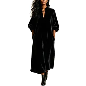 Black velvet long dress for women, elegant V-neck design with lantern sleeves and pockets.