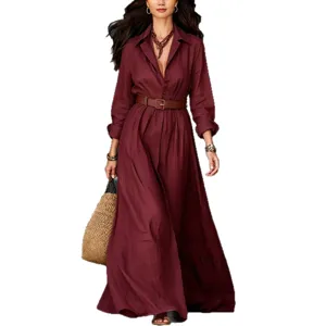 Women autumn cotton linen shirt maxi dress lapel long sleeve belted resort long dress