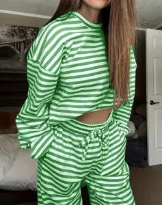Detail view of the green and white striped long sleeve top and matching lounge pants set.