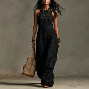 Summer women black sleeveless halter linen jumpsuit casual elegant chic fashion apparel