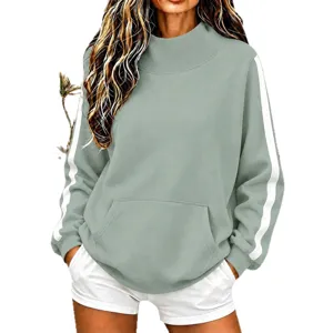 Stylish mock neck women sweatshirt featuring cozy long sleeves and chic contrast side stripes.