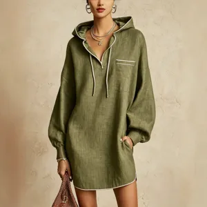 Robe sweat à capuche en lin vert olive, robe courte décontractée à manches longues.
