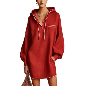 Femme Automne Manches Longues Capuche Lin Robe Casual Vacances Courte Robe Respirante