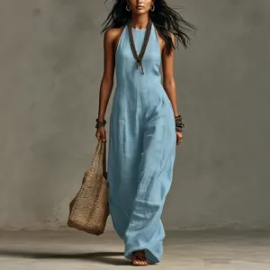 Women summer sleeveless linen-like jumpsuit casual European fashion chic commuting long pants main