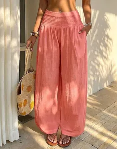 Resort style casual wide leg pants for women, comfortable high waist loose trousers.