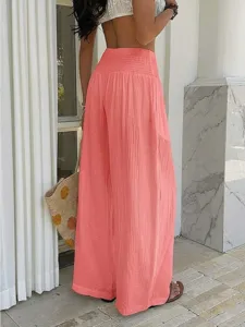 Women casual resort wide leg pants high waist loose beach trousers summer long pants pink