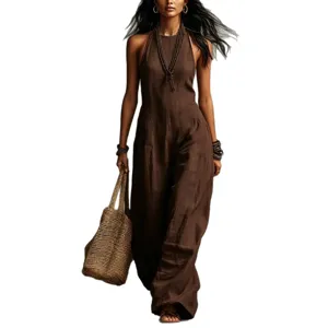Women's stylish sleeveless linen blend jumpsuit casual summer halter neck long pants outfit