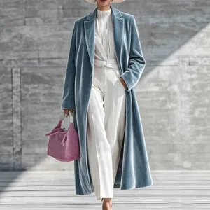 Women's Autumn Winter Long Velvet Trench Coat Elegant Lapel Open Front Casual Oversized Over Knee Outerwear