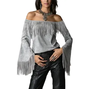 Women off-shoulder suede fringe top, long bell sleeves western vintage grey shirt