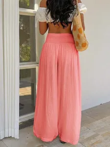 Women vacation style loose wide leg casual trousers high waist smocked long pants for summer
