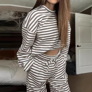 Women Casual Striped Long Sleeve Top And High Waist Wide Leg Pants Set Fall Fashion Loungewear Tracksuit Outfit