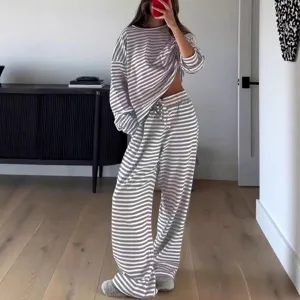 Casual striped long sleeve top and high waist pants lounge set for women autumn wear