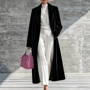 Women long black velvet coat autumn winter elegant lapel trench jacket fashion outerwear style new